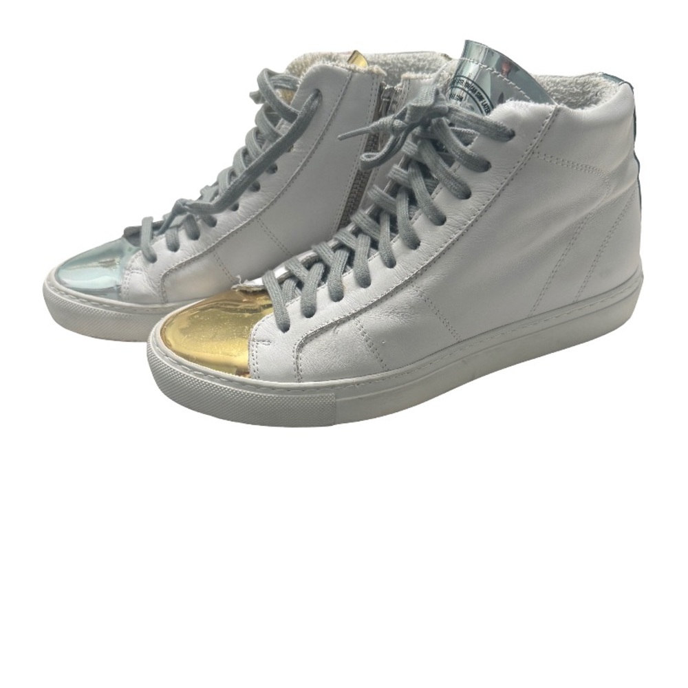 P448 Mid-Top Sneakers, White Metallic Silver Gold Accents, Size 37